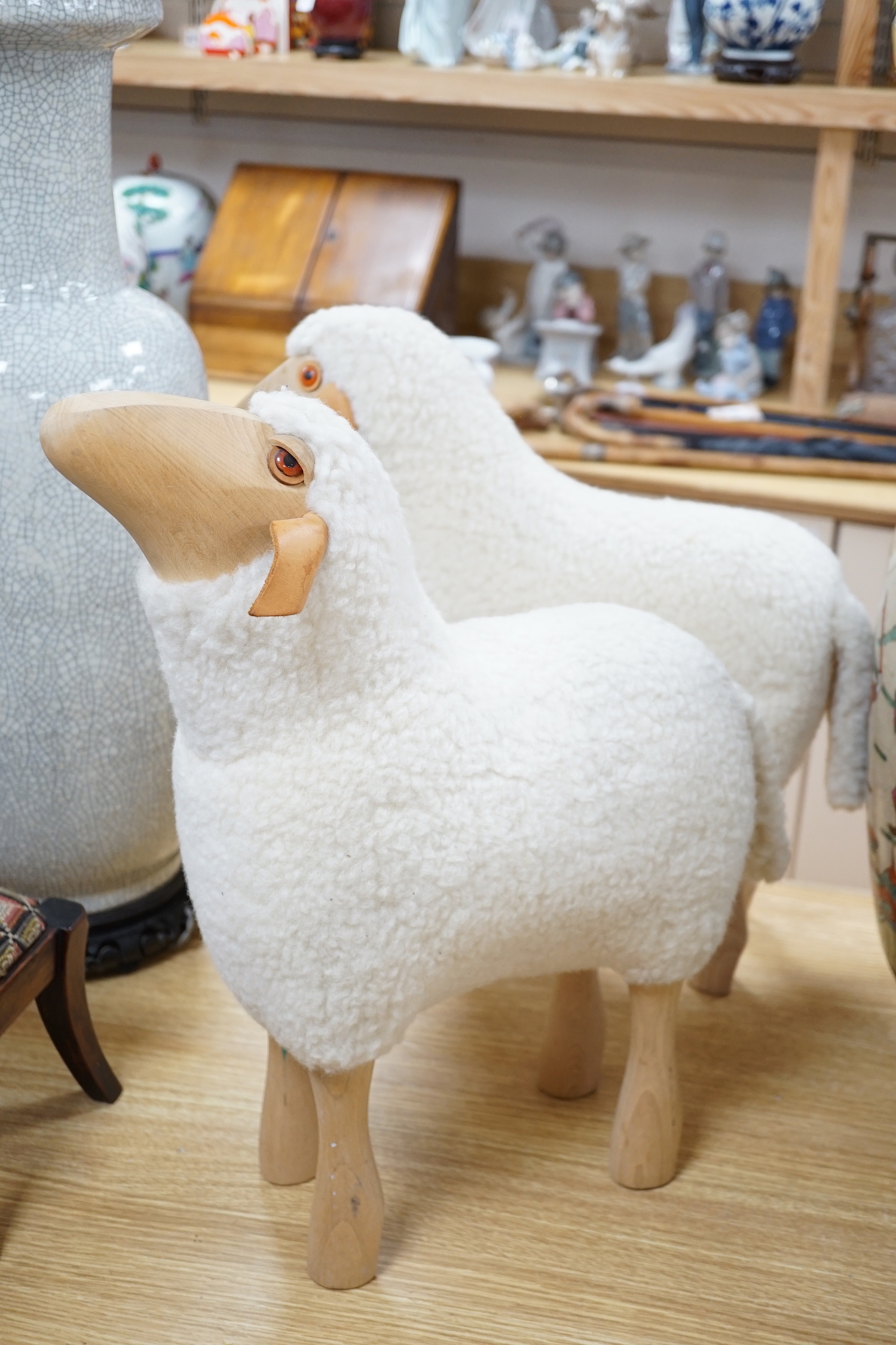 A pair of Hanns Peter Krafft for Mayr wool sheep models, 1970's, tallest 50cm